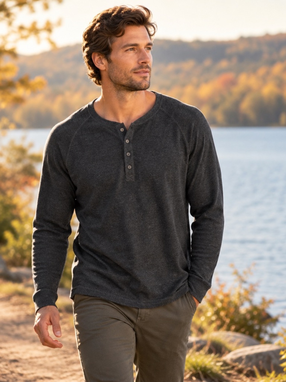 Duluth Trading Co Men's Dark Charcoal Henley Shirt Long-Sleeve